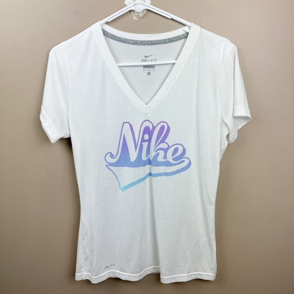 Nike Womens White Dri-Fit V Neck Multicolor Logo Short Sleeve Tee Shirt Size Med - Picture 1 of 5